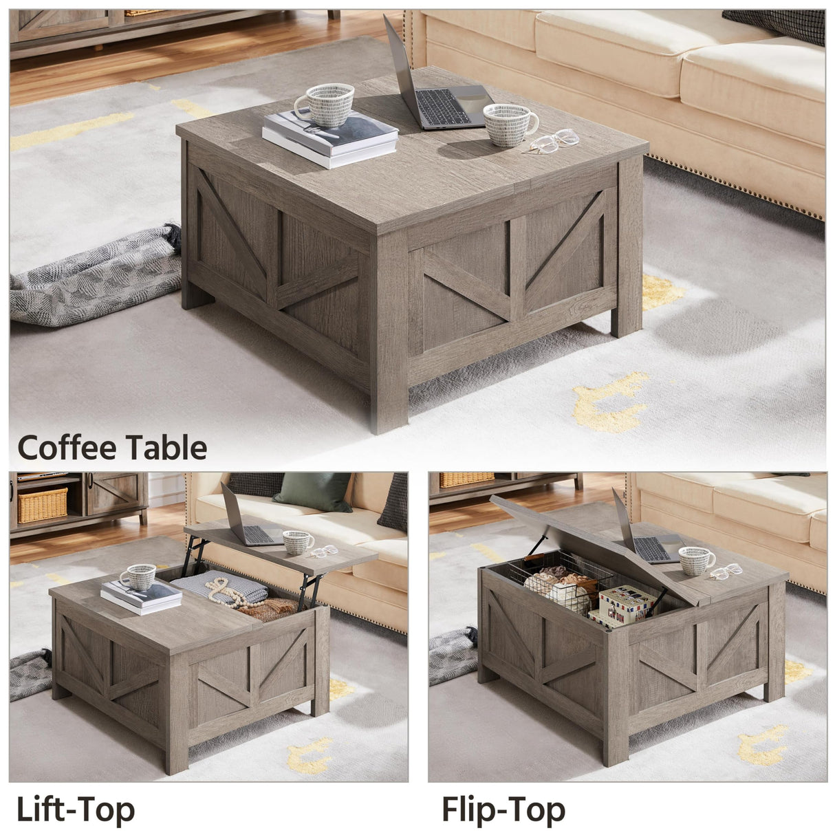 Yaheetech Lift Top Coffee Table, Square Farmhouse Coffee Table with Hidden Storage Compartment, Wood Center Table for Living Room, Home Office, Gray Yaheetech
