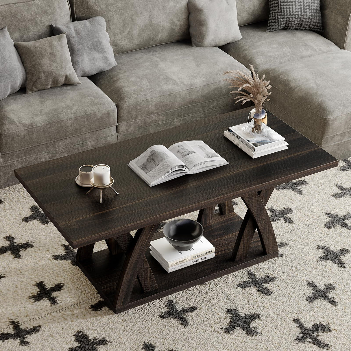 FROMJBEST Farmhouse Coffee Table with Shelf, Wood Coffee Table for Living Room, Open Display Area,47” Dark Brown FROMJBEST