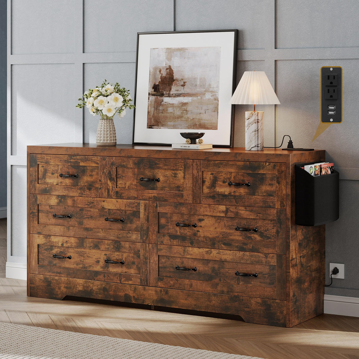 YITAHOME Rustic Brown Drawers TV Stand for 65 inches with Power Outlets -Chest of Drawers Dresser with Side Organizer Bag Entertainment Center TV Console YITAHOME