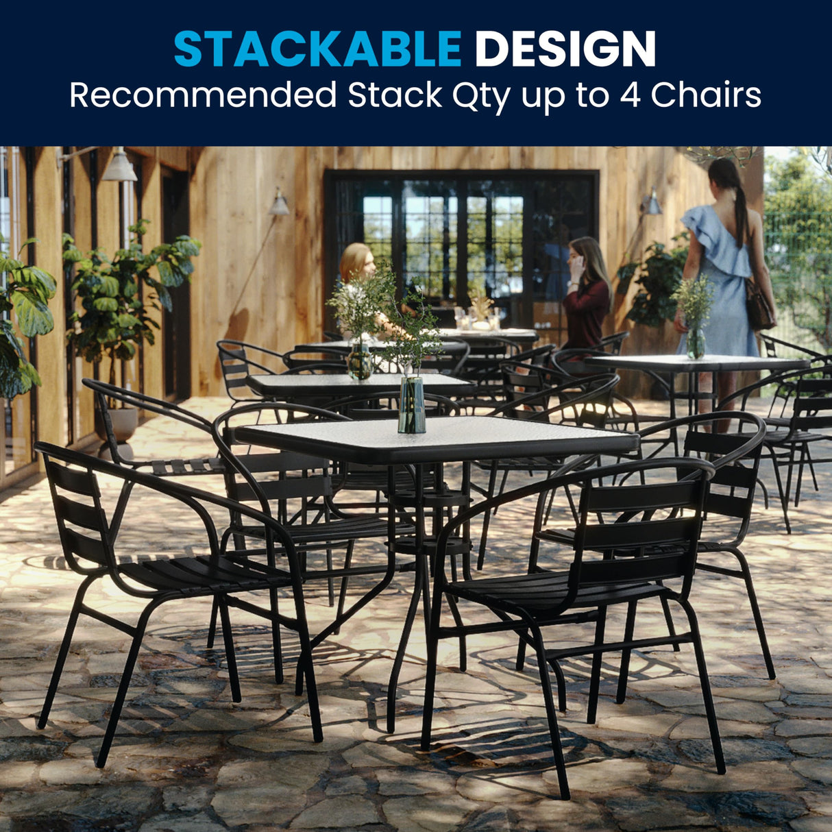 Flash Furniture 5-Piece Patio Dining Set with 31.5" Square Glass Metal Table and 4 Stackable Slat Back Chairs, Indoor/Outdoor Bistro Table and Chairs Set, Black Flash Furniture