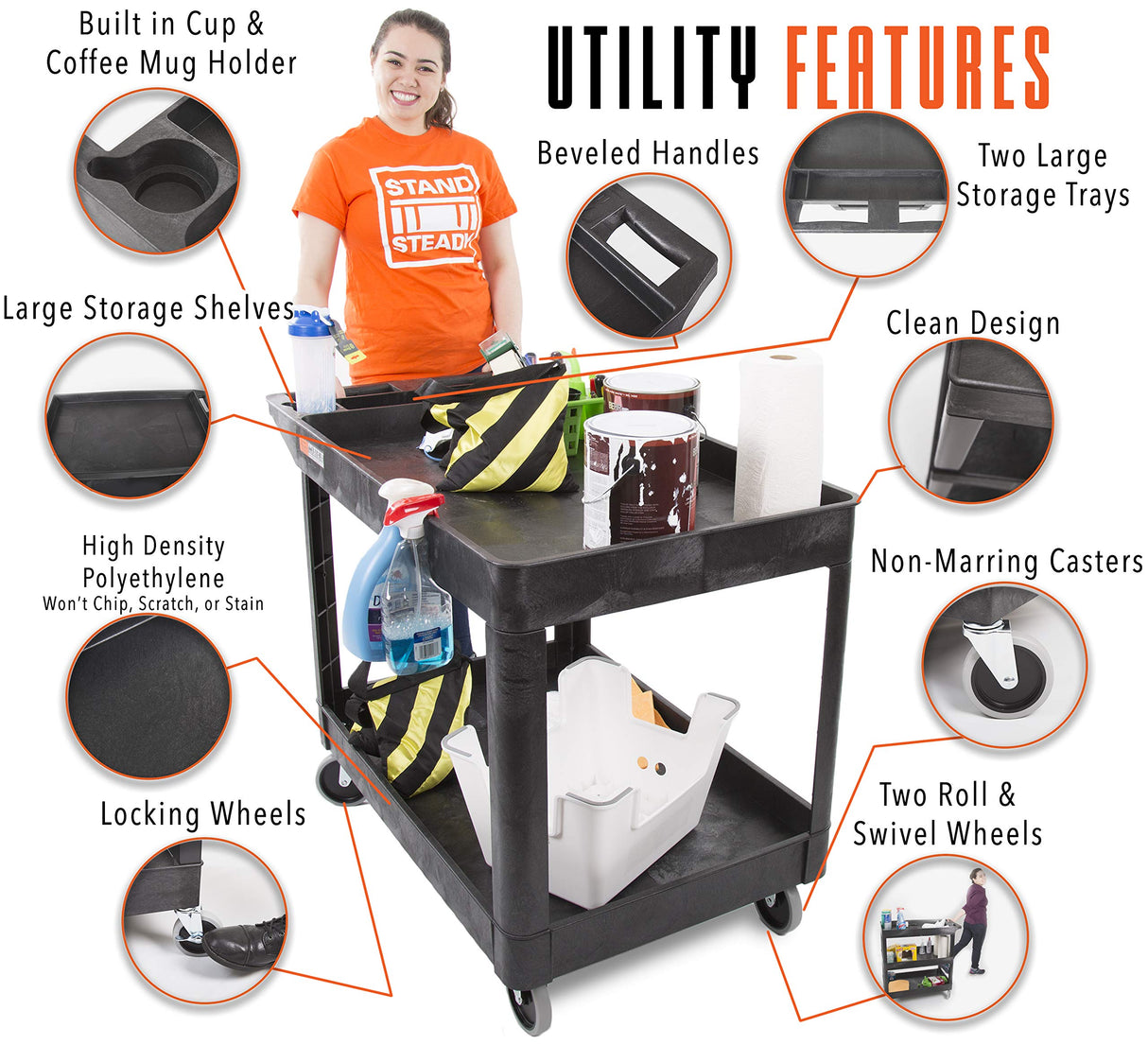 Stand Steady Original Tubstr Extra Large Two Shelf Utility Service Cart - Supports up to 500 lbs., Heavy-Duty Rolling Service Cart for Warehouse, Stand Steady