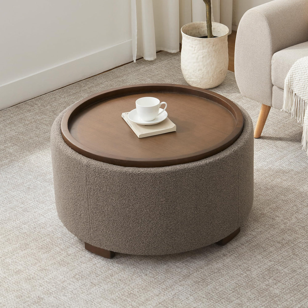 Zihanhome 30 Inch Round Storage Ottoman Coffee Table, Modern Boucle Ottoman with Lift-Off Lid and Solid Wood Legs for Living Room, Bedroom, Corners, Apartments (Brown) Zihanhome