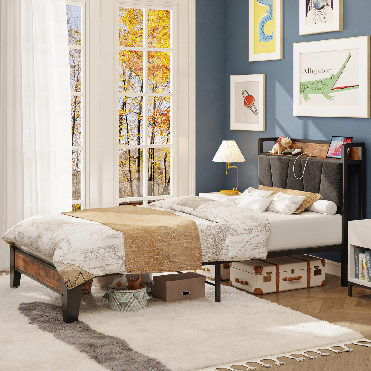 LIKIMIO Twin XL Bed Frames, Storage Headboard with Charging Station, Solid and Stable, Noise Free, No Box Spring Needed, Easy Assembly LIKIMIO