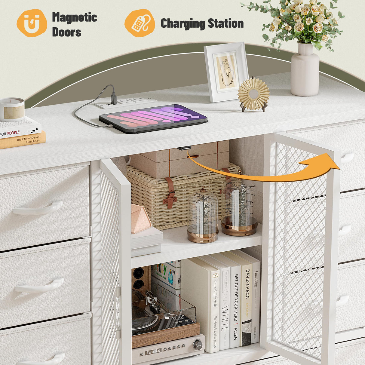 EnHomee Tall Dresser for Bedroom with 12 Drawer Dressers & Chests of Drawers for Closet with Power Outlets & LED Lights Sturdy White Dresser with PU Finish Wooden Top and Metal Frame Mesh Door EnHomee