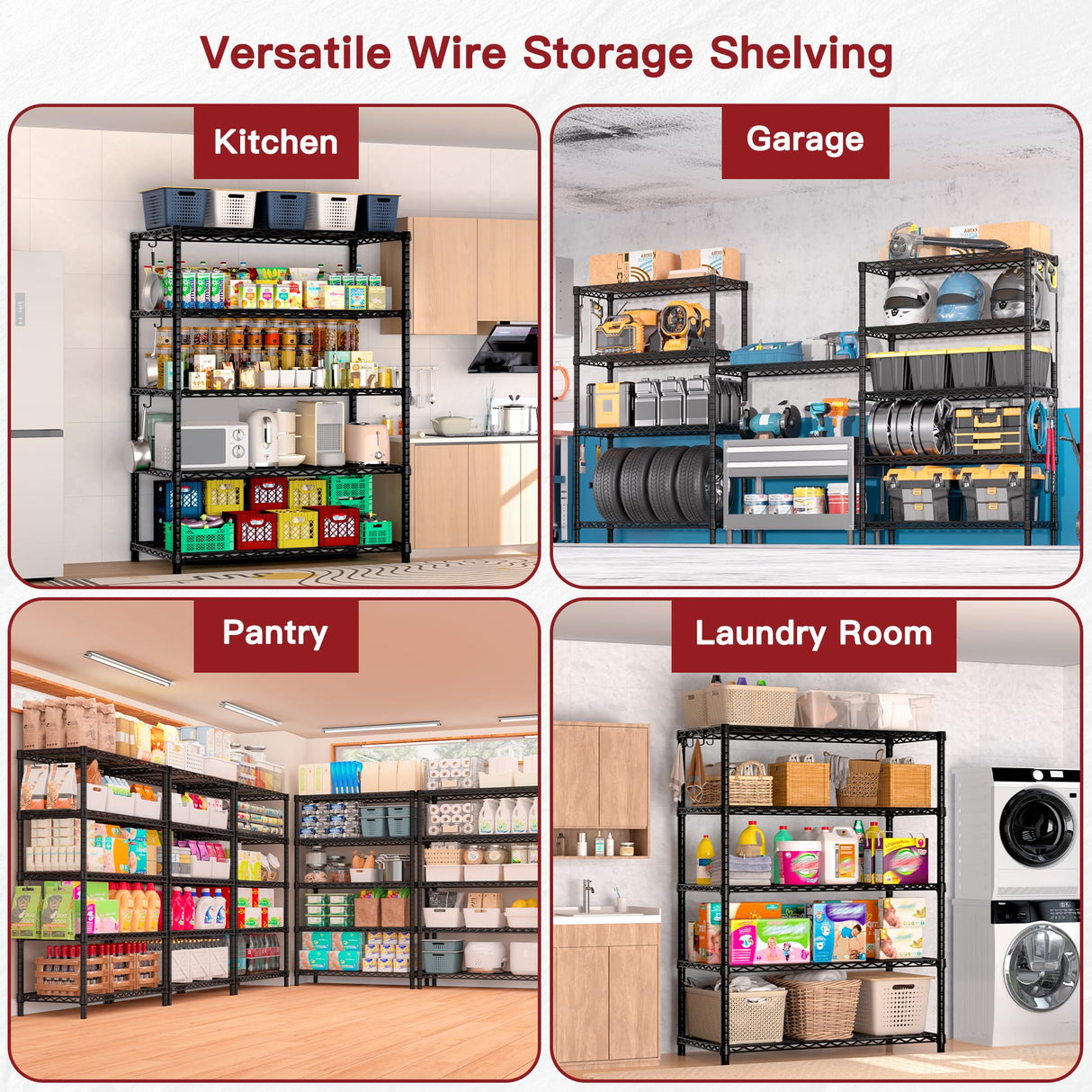 PrimeZone Wire Metal Storage Shelves - 5 Tier Adjustable NSF-Certified Heavy Duty Garage Shelving Unit Organizer Rack, Steel Utility Shelf for Kitchen, Pantry, Closet, 35.5" W x 14" D x 72" H, Black PrimeZone