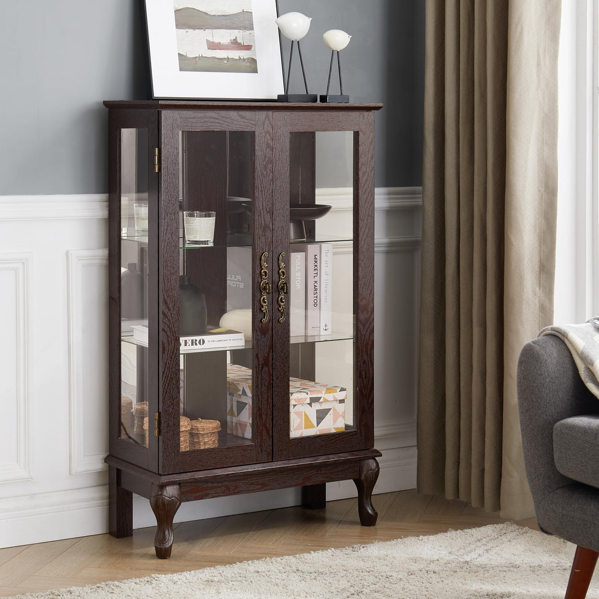 Curio Cabinets Lighted with Glass Doors Display Case with Adjustable Shelves and Mirrored Back Panel Display Your Treasures in Style with Our Lighted Curio Cabinet,Dark Brown(E26 light bulb included) SonkYog