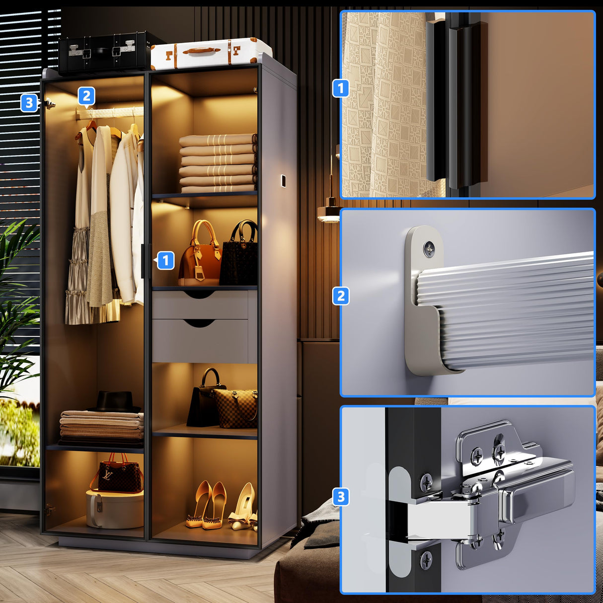 Wardrobe-Storage Cabinet With Human Sensor Design - Side Cabinet with LED Lighting - Organizer Armoire have 2 Drawers&6 Shelfs - Wardrobe With 2 Acrylic Door - Closet for Bedroom Furniture-Grey FREDEES