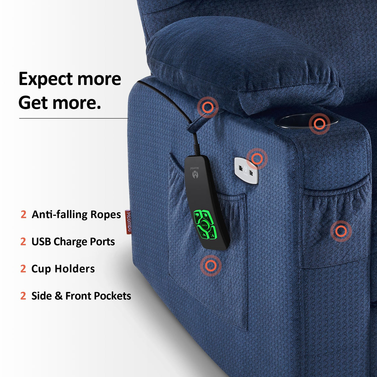 MCombo Large Lay Flat Dual Motor Power Lift Recliner Chair Sofa with Massage and Heat for Elderly People, Infinite Position, Fabric 7680 (Large-Regular, Navy Blue) MCombo