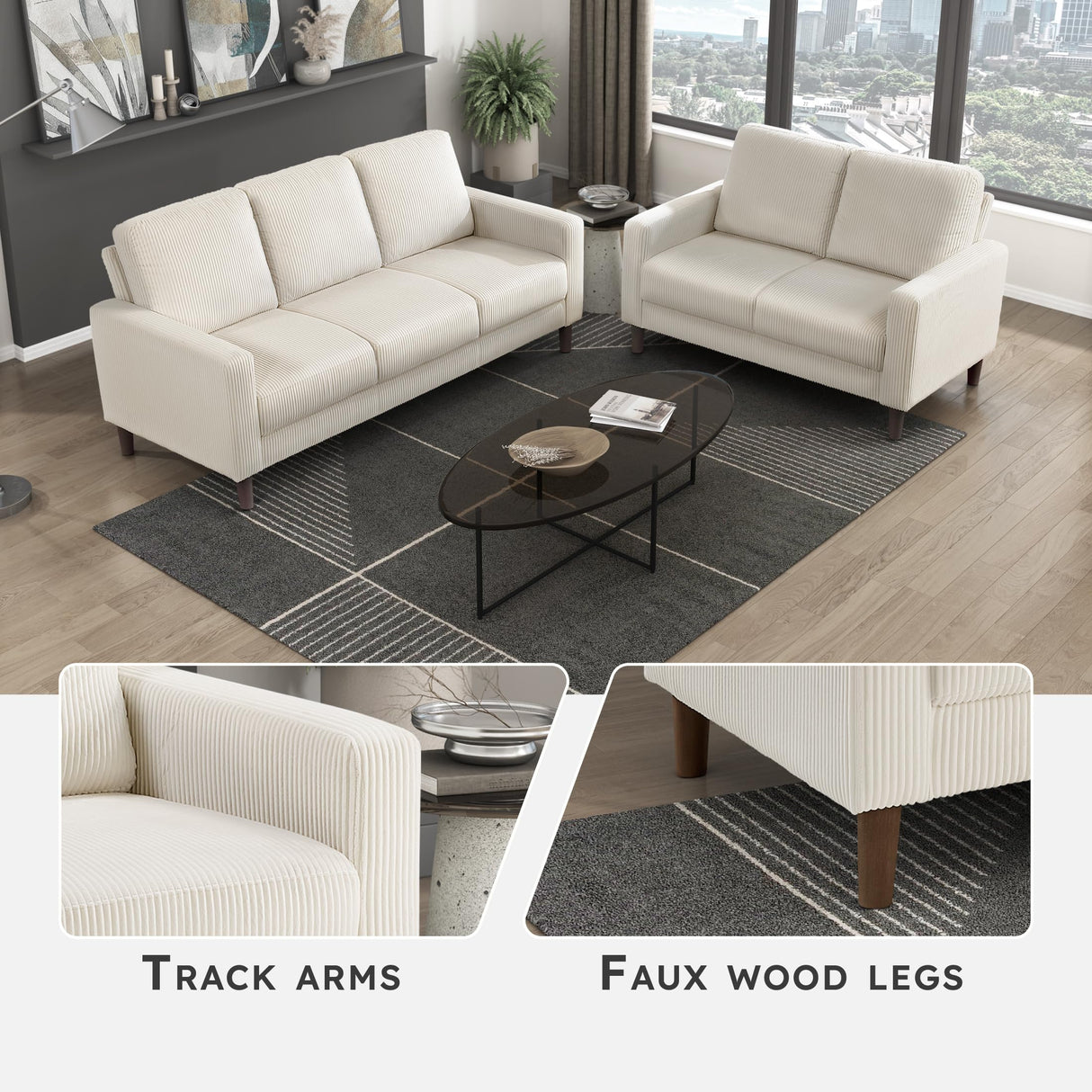 Lexicon Modern Loveseat, Corduroy Fabric Upholstered Loveseat Sofa, Small Couch with Brown Legs, Track Arms, Comfy Couch for Living Room/Bedroom/Apartment, 2-Seater, Beige Lexicon