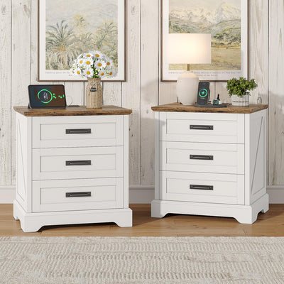 Whalefall Farmhouse Night Stand Set of 2, Large 3 Drawers Bedside Table with Charging Station, 22 inch Wide End Table for Bedroom, 2pcs White