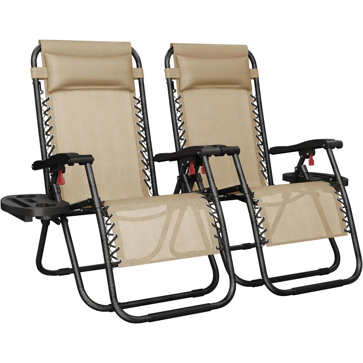 Yaheetech Zero Gravity Recliners Outdoor Adjustable Folding Reclining Lounge Chairs w/Pillows, Cup Holder Trays and Carry Strap for Patio Backyard Beach Beige Set of 2 Yaheetech