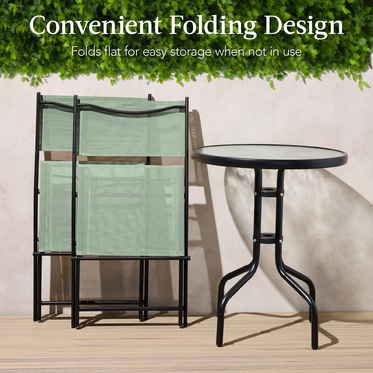 Best Choice Products 3-Piece Patio Bistro Dining Furniture Set w/Textured Glass Tabletop, 2 Steel Folding Chairs, Polyester Fabric - Sage Best Choice Products