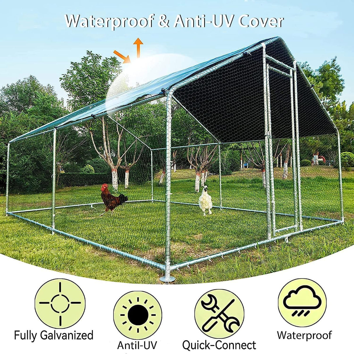HITTITE Large Metal Chicken Coop with Run, 12.8 x 9.84 x 6.56 ft Walk in Poultry Cage Chicken Run Pen, Outdoor Chicken Runs for Yard with Waterproof & Anti-UV Cover HITTITE