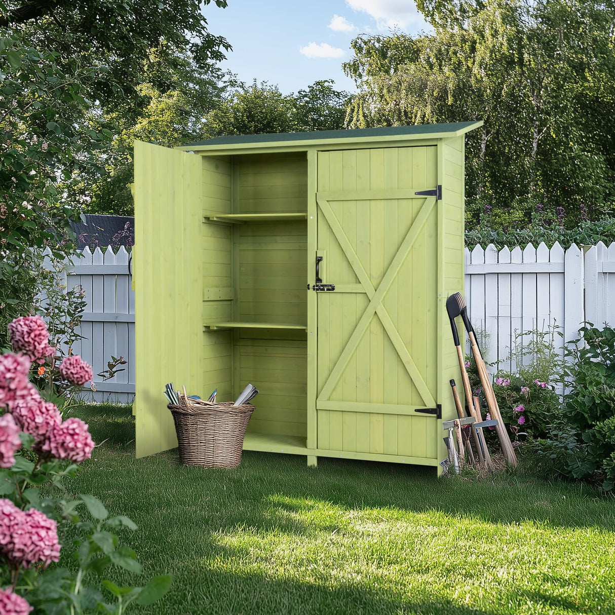 VINGLI Upgraded Outdoor Wooden Storage Shed, Extra Large Garden Shed Outside Tool Cabinet with 2 Safety Latches, Patio Storage Organizer for Garden Yard Lawn Equipment, Light Green VINGLI