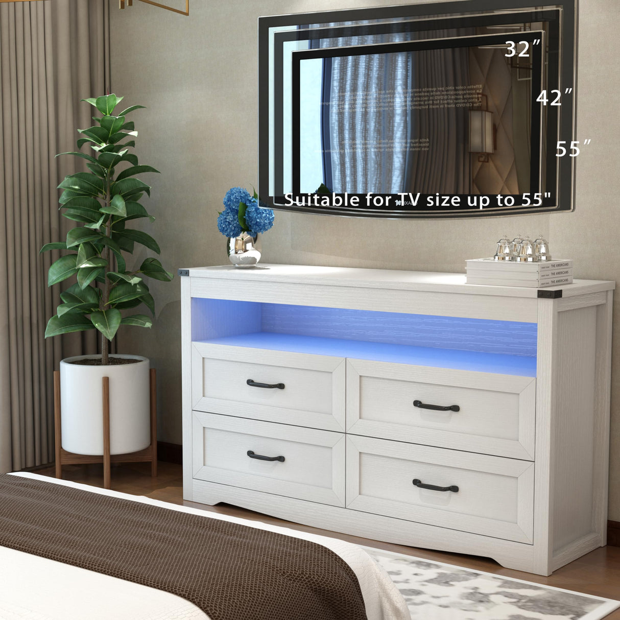 Wodeer White Dresser for Bedroom, Wood 4 Drawer Dresser with LED Light, Dressers & Chests of Drawers with Metal Handles, Storage and Organization for Bedroom, Hallway, Entryway Wodeer