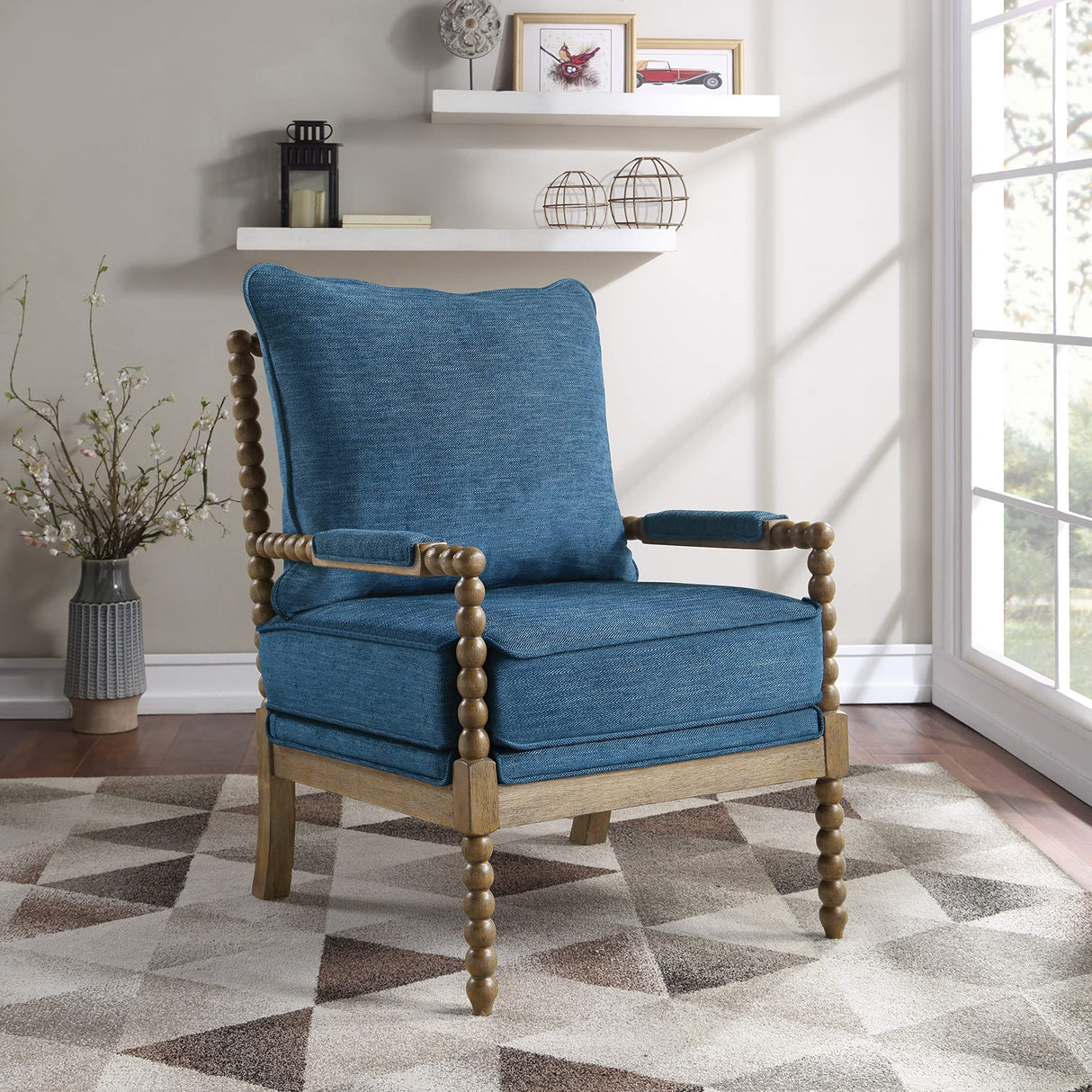 OSP Home Furnishings Fletcher Spindle Accent Chair with Rustic Brown Finish, Navy Blue Upholstery OSP Home Furnishings