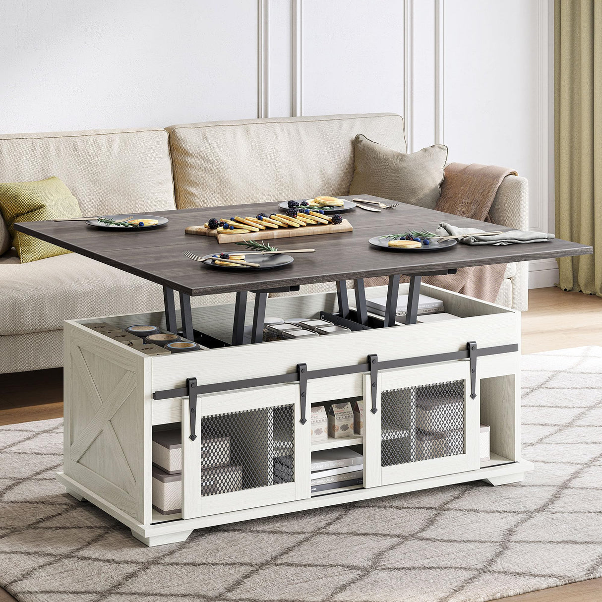 BELLEZE Lift Top Coffee Table, 44" Farmhouse Coffee Table with Storage & Sliding Barn Doors, 3 in 1 Multi-Function Coffee Table for Living Room, Dining Reception Room, Lawson - White Sand BELLEZE