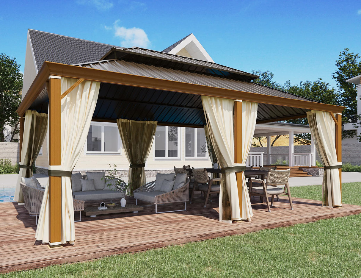 YOLENY 12' x 20' Hardtop Gazebo Faux Wood Grain Metal Gazebo with Aluminum Frame, Galvanized Steel Double Roof, Outdoor Patio Gazebo Pergolas with YOLENY