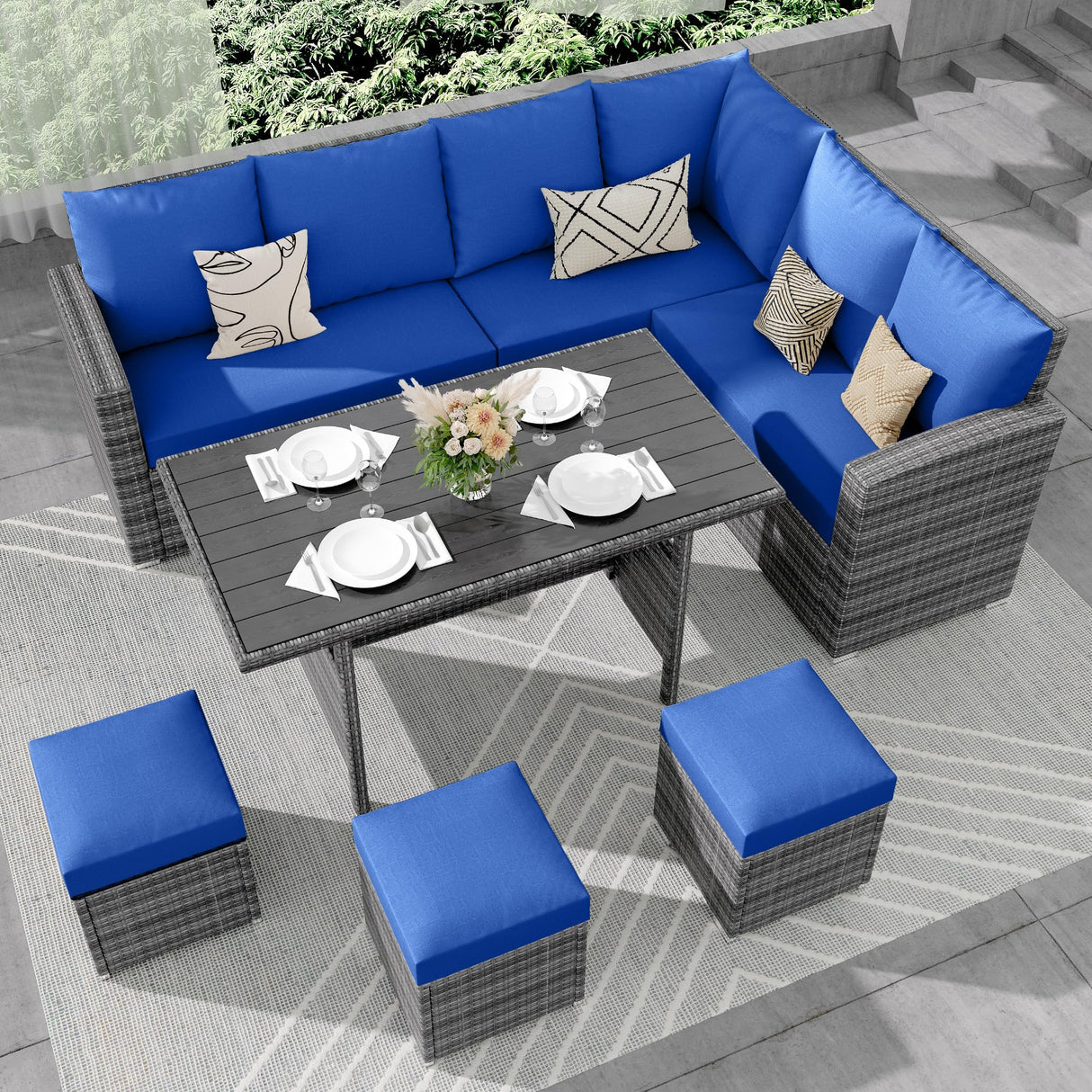 IDEALHOUSE 9 Seat Outdoor Patio Furniture Set - 7-Piece PE Rattan Outdoor Dining Set with Dining Table and Ottomans, Patio Table and Chairs Set Outdoor Furniture Set for Garden Poolside Backyard IDEALHOUSE