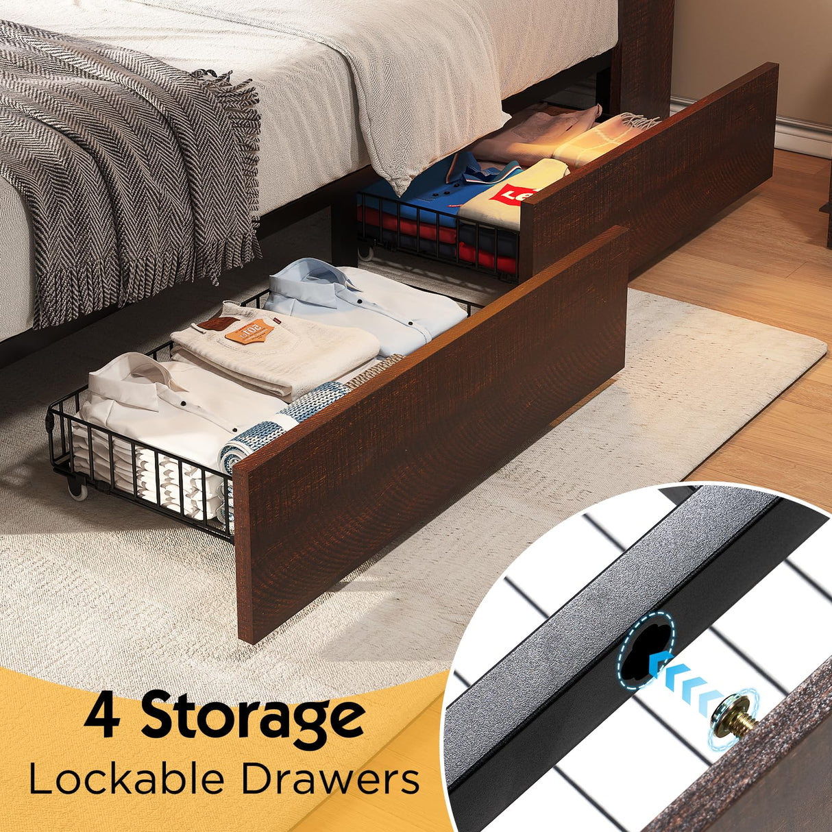 LUXOAK Full Farmhouse Bed Frame with Bookcase Headboard and 4 Drawers, LED Storage Bed with Charging Station & Linen Upholstered, No Box Spring Needed, Reclaimed Barnwood LUXOAK