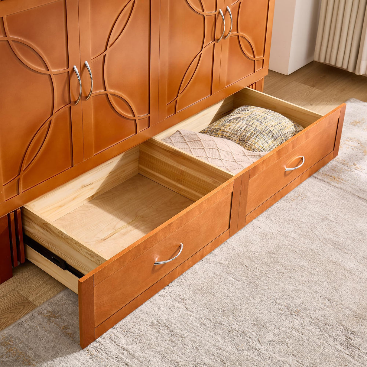 EDWINENE Queen Murphy Bed with Mattress Included, Murphy Bed Cabinet with Drawers and Charging Station for Small Spaces, Home Offices (Circular Pattern, Cherry) EDWINENE