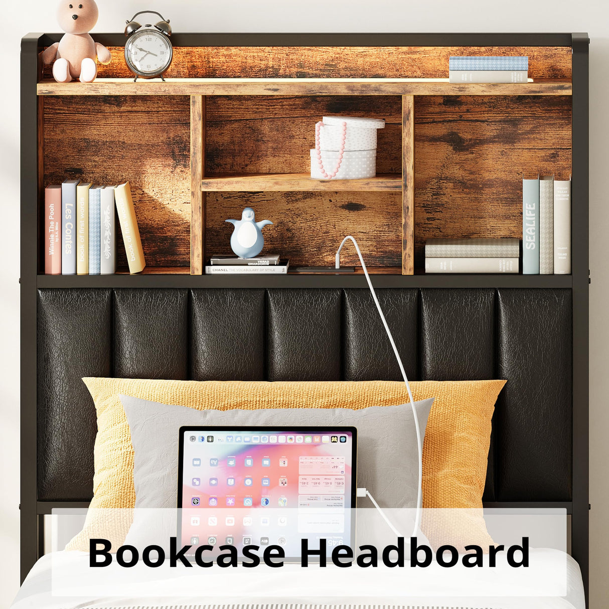 ANCTOR Twin Size Bed Frame with Upholstered Headboard and LED Light, Strong Platform Bed with Charging Station,No Box Spring Needed ANCTOR