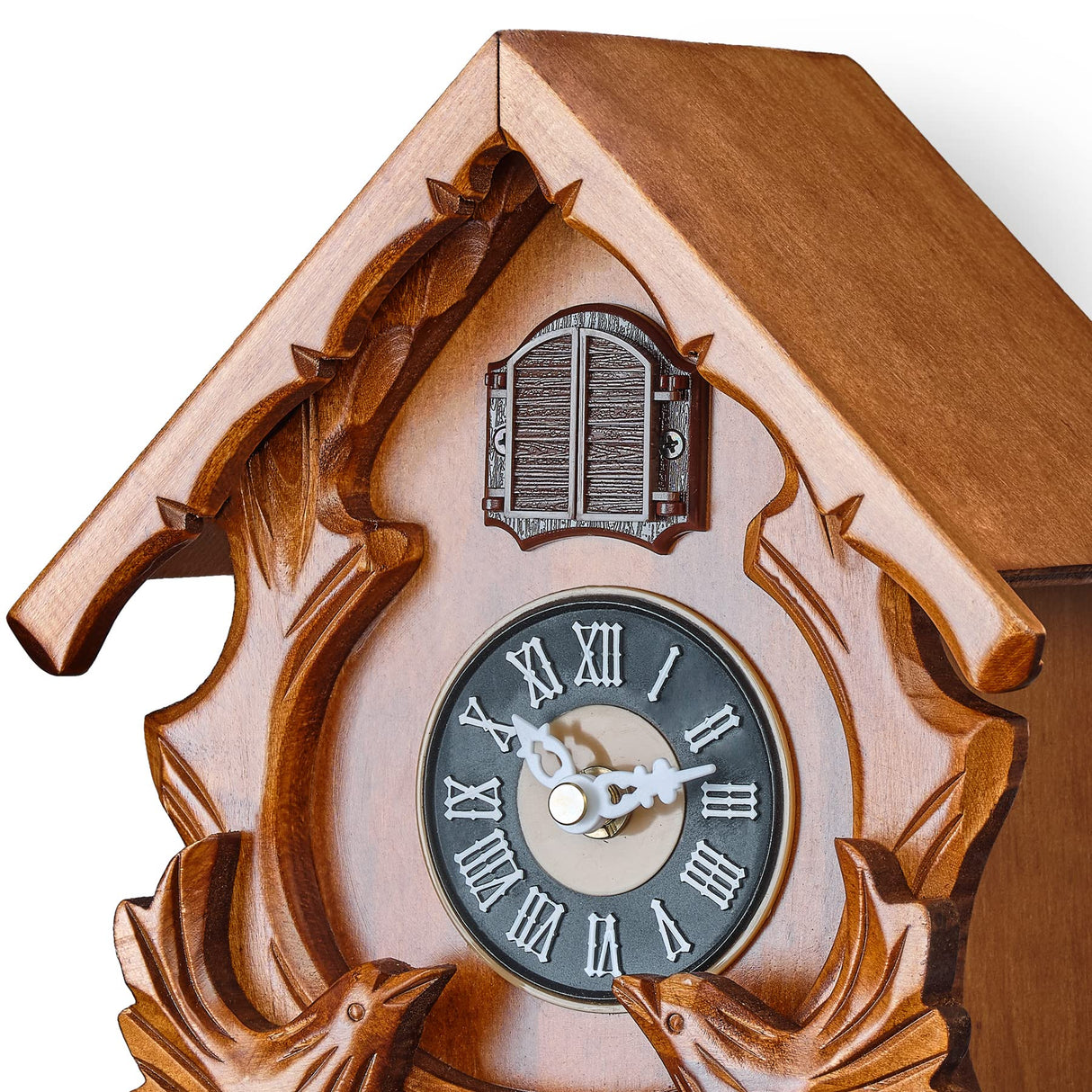 TIMEGEAR Cuckoo Clock with Night Mode, Singing Bird and Carved Wood Decorations (Cherry) TIMEGEAR