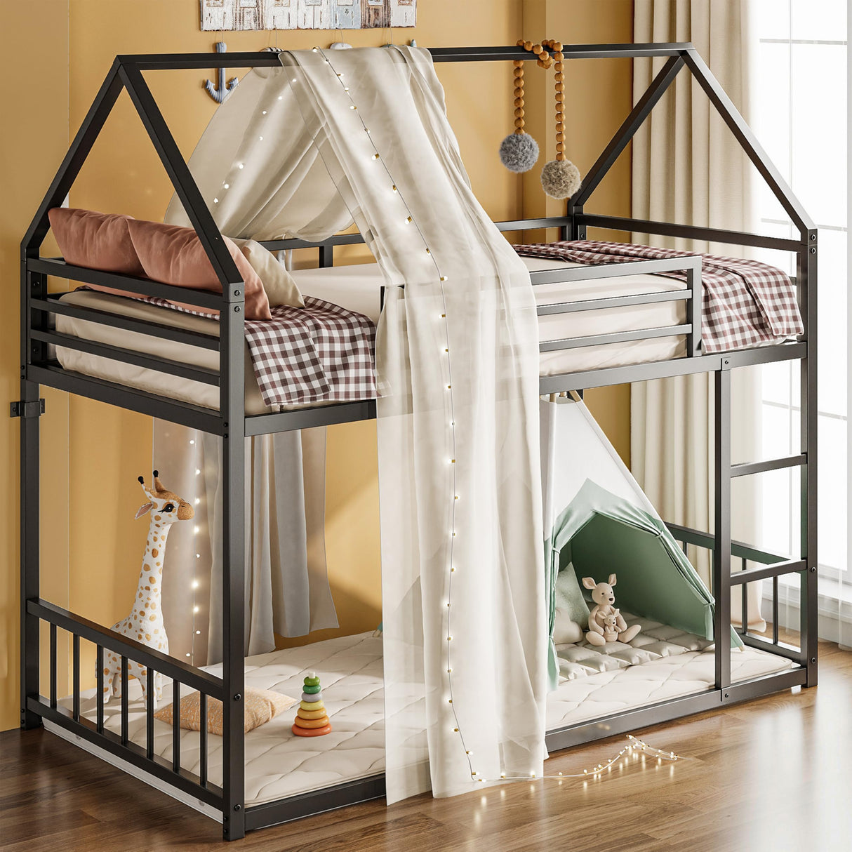 LIKIMIO Bunk Bed Twin Over Twin, House Bunk Bed Frame with Ladder and Guardrail, House Shaped with Metal Slats for Dormitory and Bedroom, Space Saving, No Box Spring Needed, Black LIKIMIO