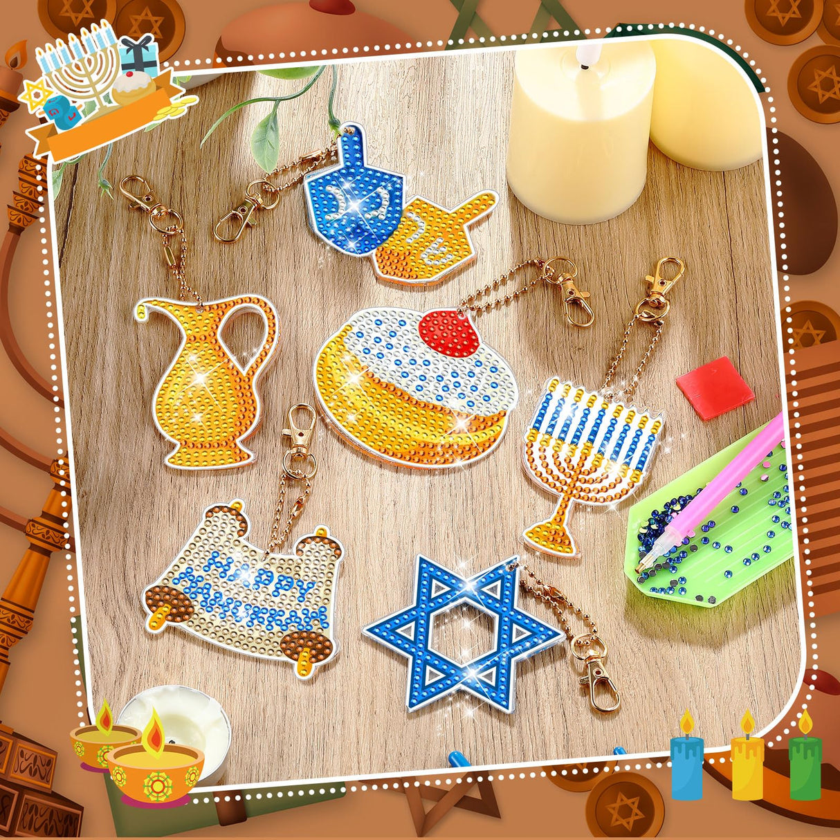 DEEKIN 30 Pcs Hanukkah Diamond Painting Keychains Hanukkah Crafts Ornaments Keychains Double Sided 5D Star Menorah Diamond Key Rings for Hanukkah DIY Birthday Party Supplies Favors Deekin