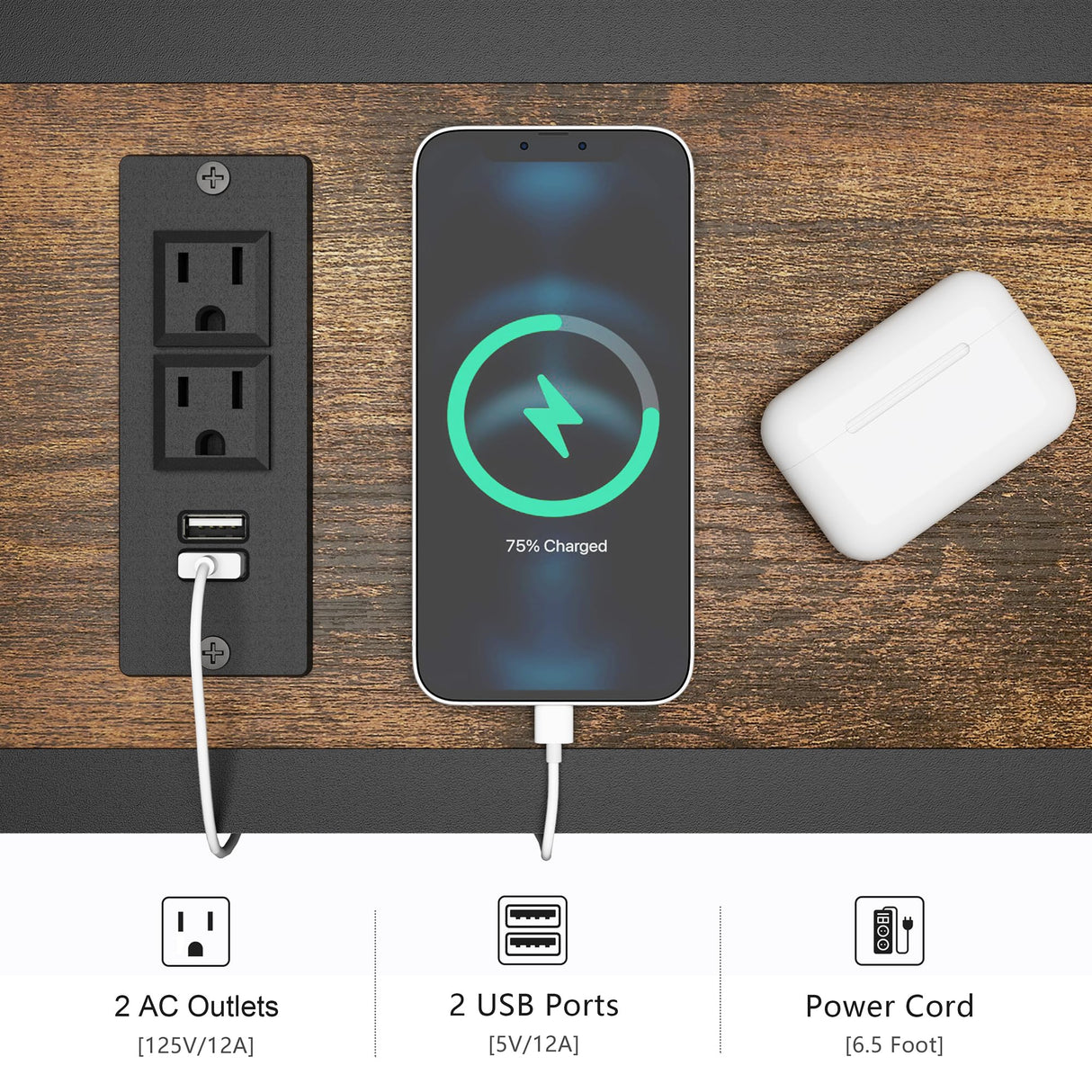 Gewudraw Console Table with 2 AC Oulets & 2 USB Ports, 55.1" Narrow Sofa Table, Entryway Table, Industrial Sofa Table for Hallway, Living Room, Bedroom, Long Console Table, 6.5 Feet Power Cord Gewudraw