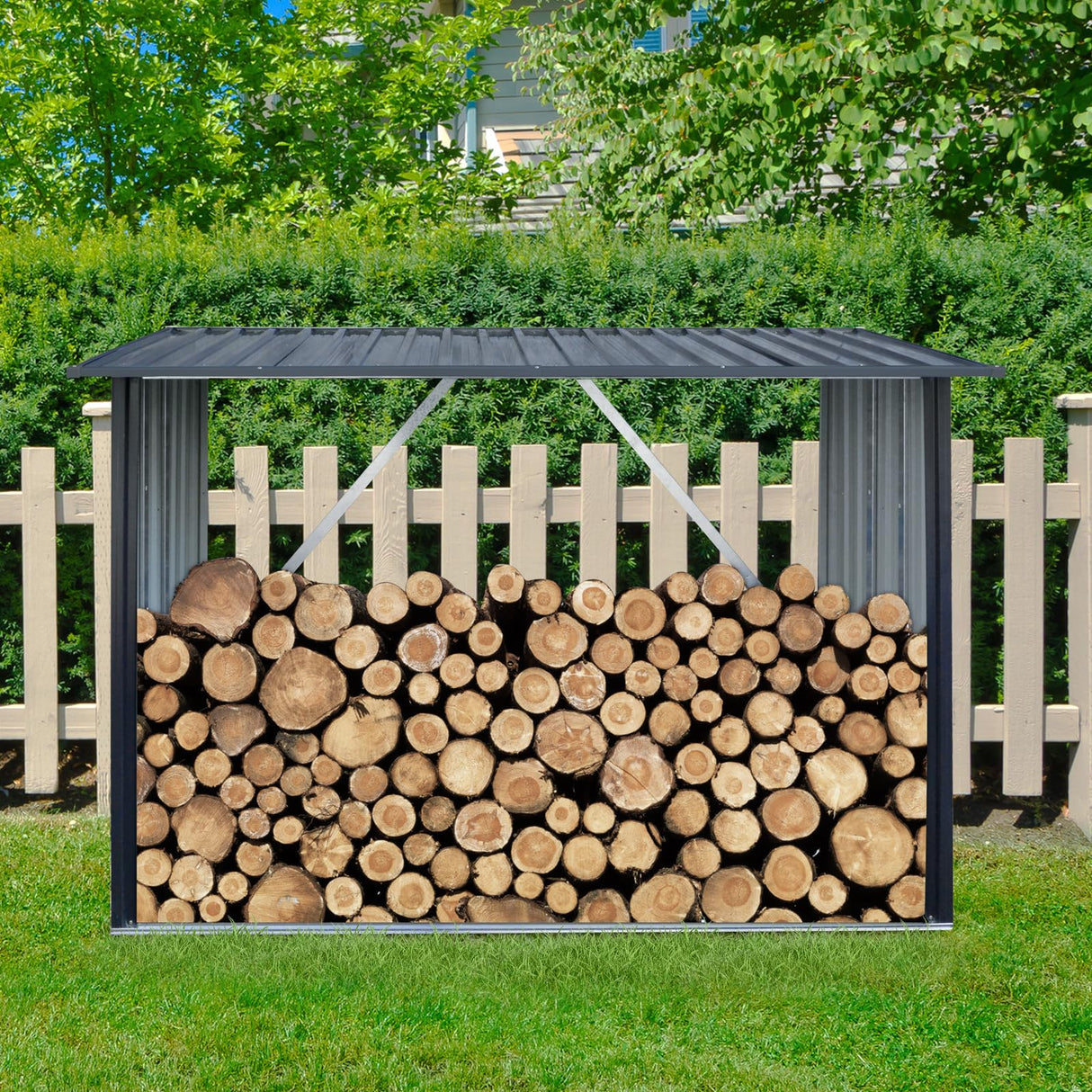 Zjjseloru Outdoor Firewood Rack,3ft x 7ft Garden Log Storage Shed in Galvanized Steel with Sloped Roof for Firewood,Pellet,or Lumber Storage,Black Zjjseloru