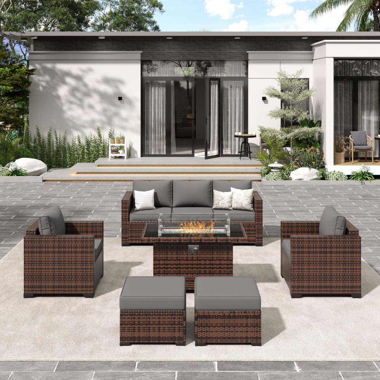 Amopatio Outdoor Patio Furniture Sets, 8 Pieces Wicker Patio Furniture, Outdoor Sectional Patio Couch Set with Ottoman, Outdoor Conversation Set with 44" Gas Fire Pit for Outside (Grey) Amopatio