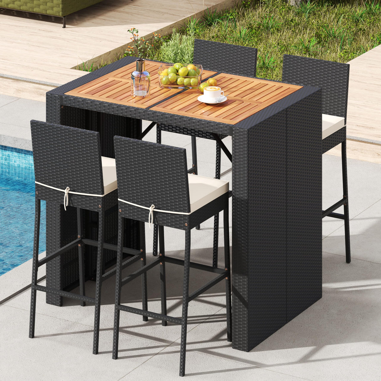 RELAX4LIFE 5-Piece Outdoor Bar Set - Wicker Rattan Bar Height Dining Table w/Acacia Wood Top & 4 Bar Stools Chairs w/Seat Cushions, Backrest, Footrest, Outside Patio Bistro Set for Backyard (47.5'') RELAX4LIFE