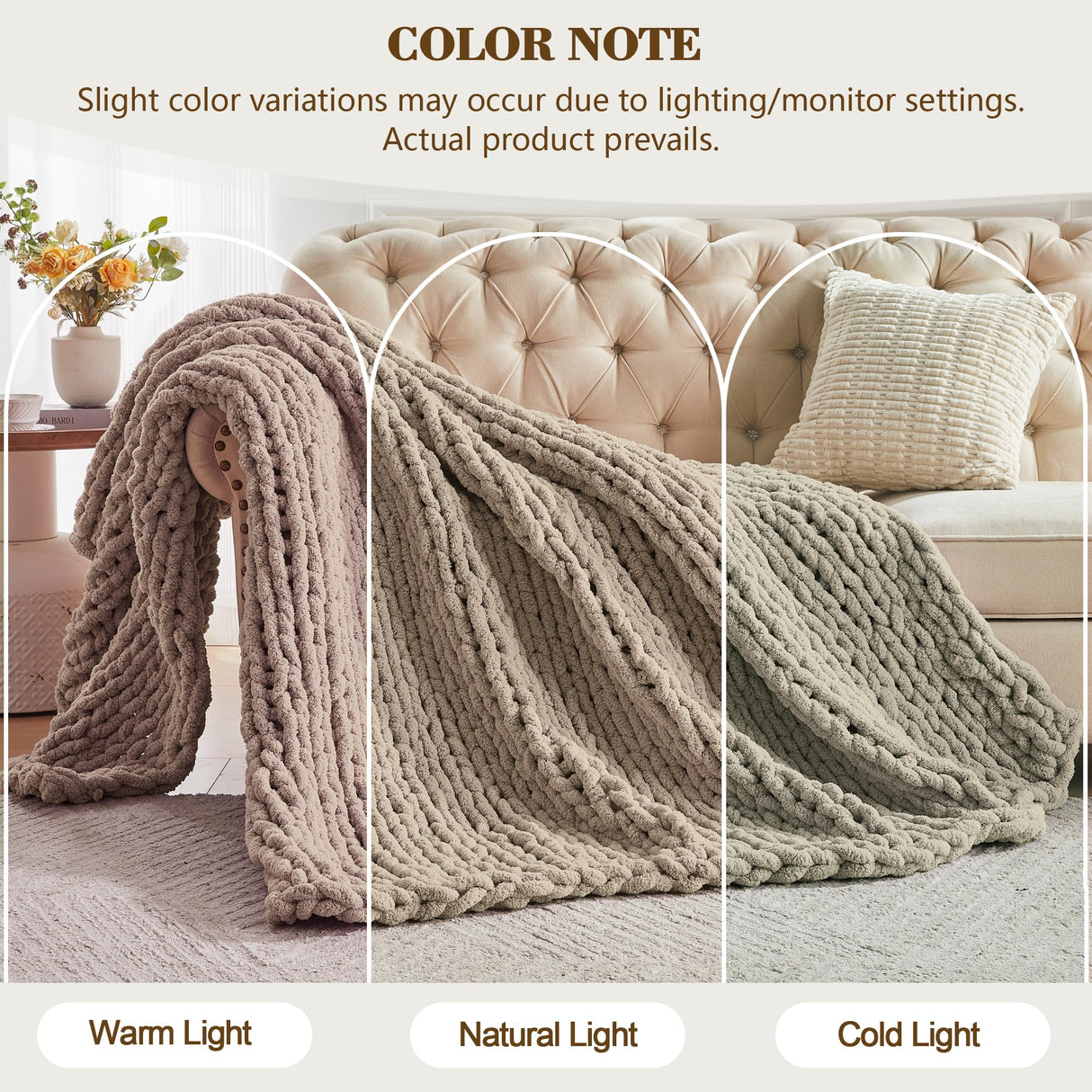 Carriediosa Chunky Knit Throw Blanket 50" X 60", 100% Hand Made Large Chenille Loop Yarn Soft Fluffy Throws for Couch Sofa Bed, Big Crochet Cozy Heavy Thick Cable Woven Blankets, Taupe Carriediosa