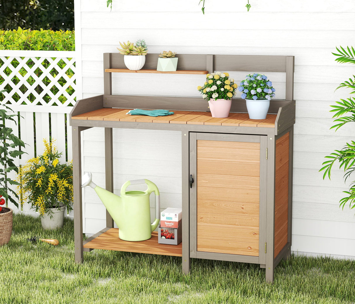 Wooden Potting Bench Table with Sink,Outdoor Garden Table Work Bench with Storage, Workstation for Outside Patio Lawn SoliWood