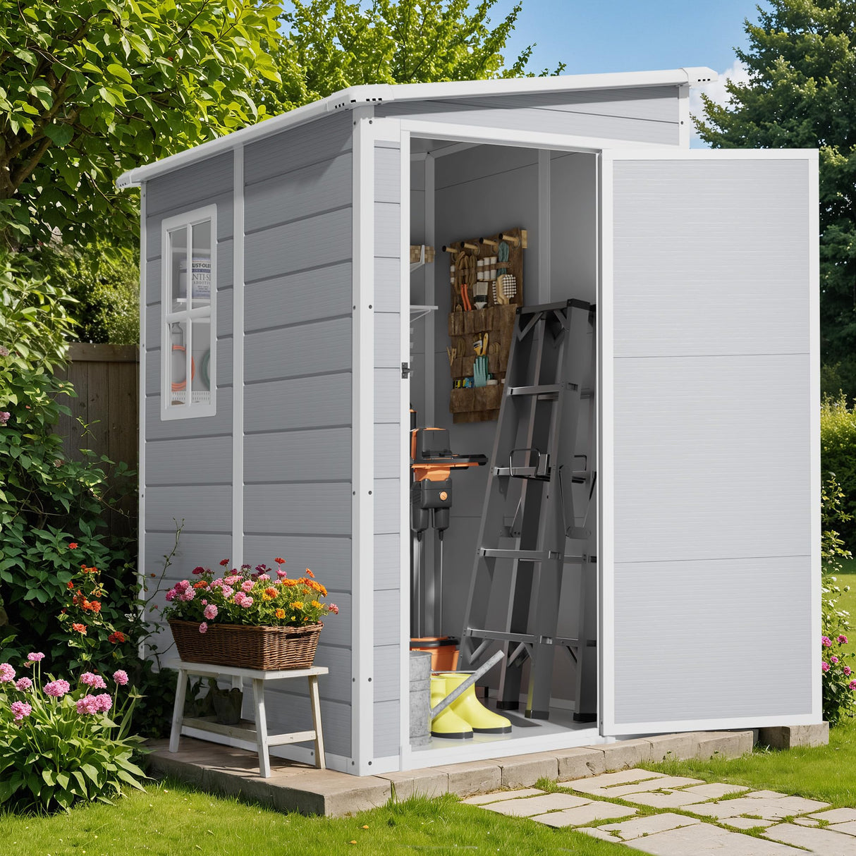 Flamaker 5 x 4 FT Outdoor Storage Shed, Garden Resin Shed with Floor, Plastic Tool Shed with Lockable Door for Backyard Patio Lawn Pool Flamaker