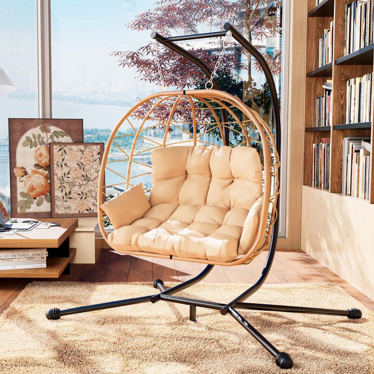 Pamapic 700 LBS Double Egg Chair Outdoor, UV Resistant Cushions Hanging Egg Chair with Armrests & Headrest, Thick Steel Frame Egg Swing Chair with Stand, for Relaxing & Reading Outside/Inside(Beige) Pamapic