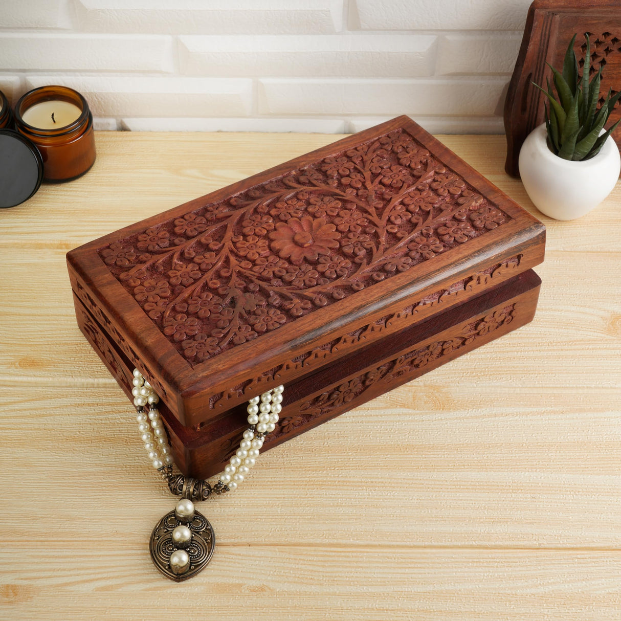 Ajuny Wooden Handcarved Decorative Jewelry Storage Box Flower Design Multipurpose Treasure Chest Keepsake Organizer Necklaces Watch Boxes Great for Gifts 10x6 Inch Ajuny