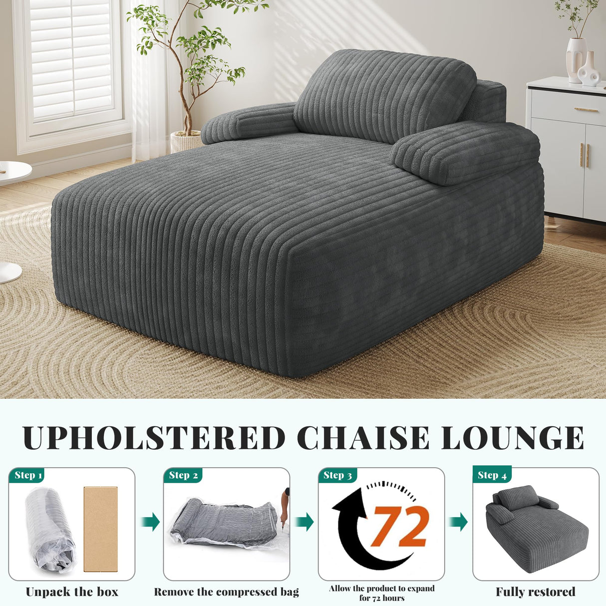 YITAHOME 48-Inch Chaise Lounge Chair Indoor, Oversized Corduroy Upholstered Boneless Sofa Bed, Deep-Seat Sleeper Couch, Reading Chair, Cloud Sofa Couch for Living Room, No Assembly Required, Grey YITAHOME