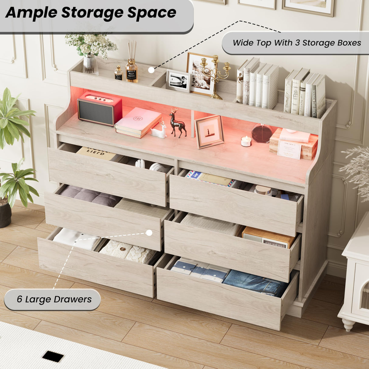 Dresser for Bedroom, 6 Drawer Dresser with LED Lights and Charging Station, Wide Chest of 6 Drawers with Open Space, Modern Large Capacity Storage Cabinet, Living Room, Hallway, Oak GarveeHome