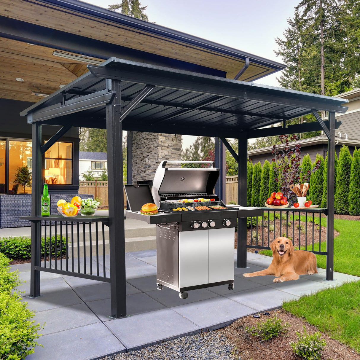 SHPAI 6.5x12FT Hardtop Grill Gazebo, All-Weather Outdoor BBQ Gazebo with 2 Side Shelves and 4 Ceiling Hook, Galvanized Steel Pitched Roof, Outdoor Grill Canopy for Patio, Backyard, Lawn, Deck – Grey SHPAI