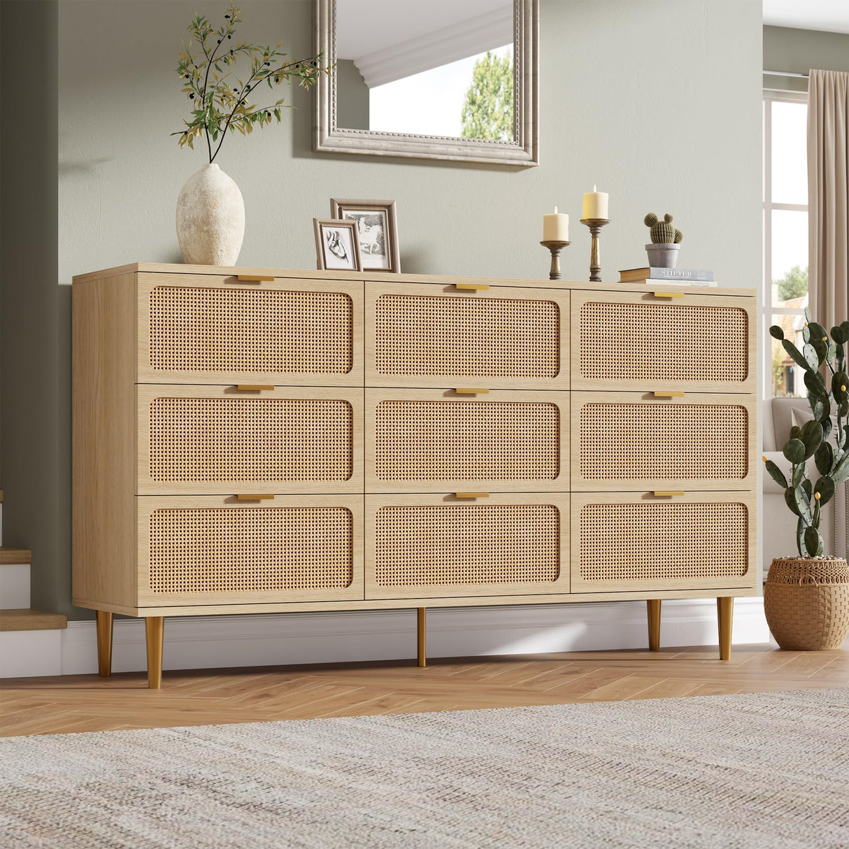 GarveeHome Rattan 9 Drawer Dressers for Bedroom, Tall Dresser with Deep Drawers, Large Chest of Drawers for Closet with Wide Top, Long Wooden Dresser for Living Room, Hallway, Kids Room, Natural GarveeHome