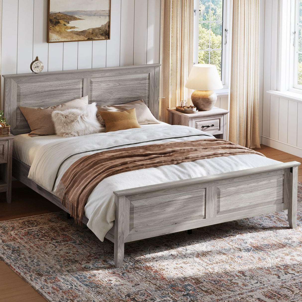 LINSY Farmhouse Bed Frame, Full Bedframe with Headboard and Footboard, Wooden Bed Frame with Solid Wood Slats, Rustic Grey Platform Bed Frames Full Size, No Box Spring Needed LINSY