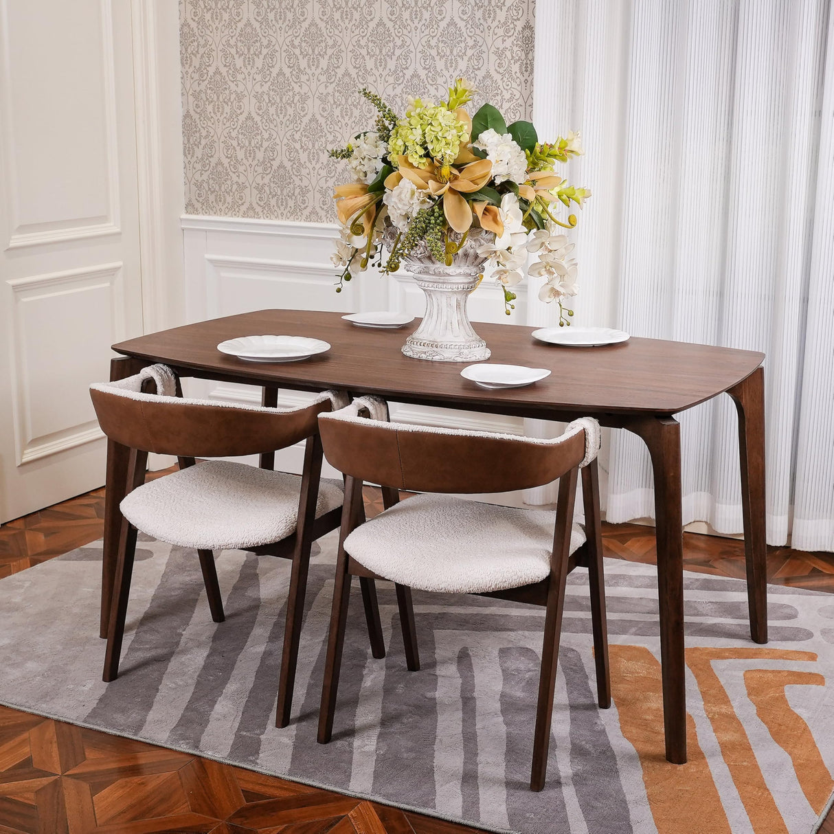 CONSDAN Dining Table Set for 4-6, Includes 1 Table & 4 Chairs, Walnut Veneer Top, Solid Wood Frame, Natural Wood Grain, Easy Assembly, Modern Design CONSDAN