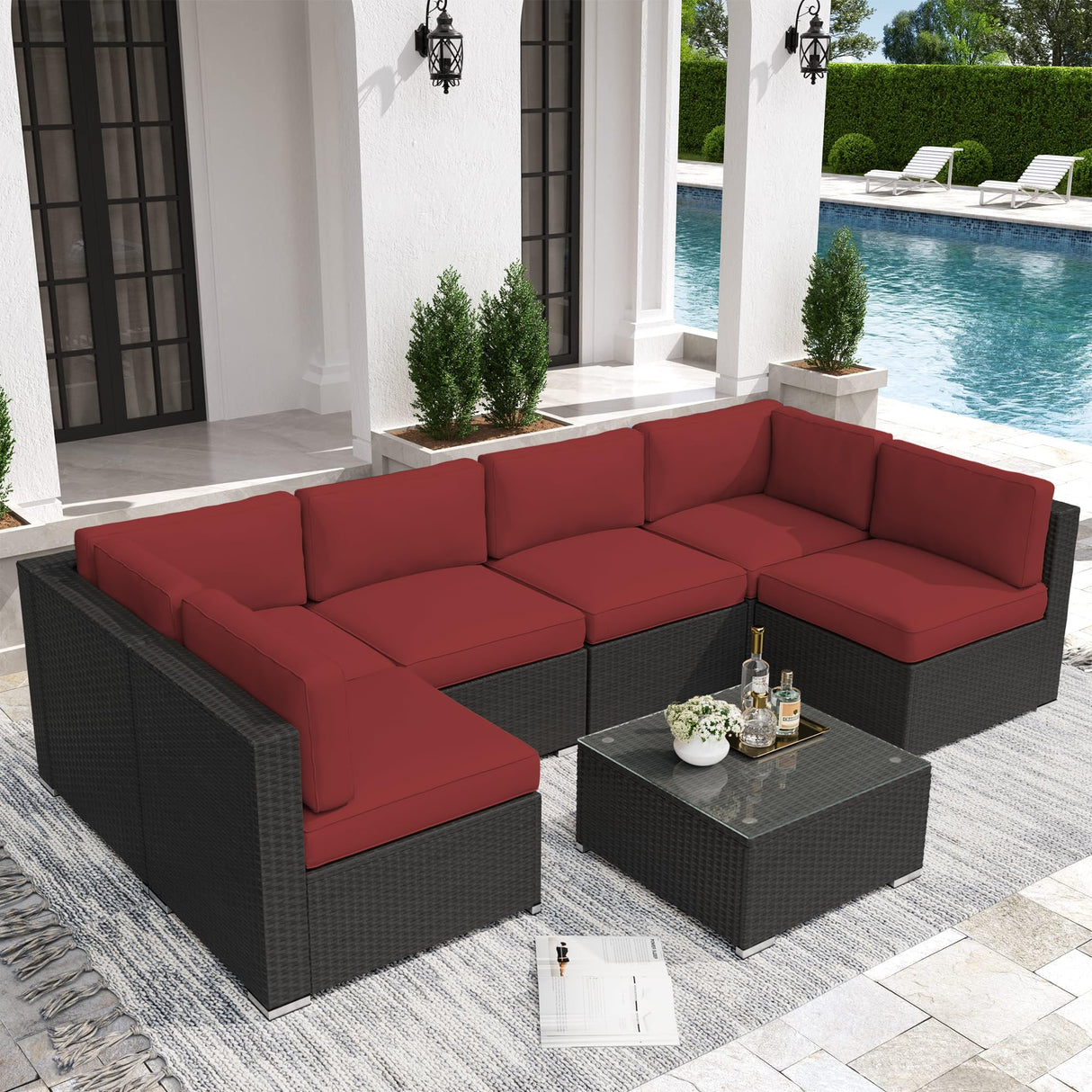 Crownland 7 Pieces Outdoor Patio Furniture Sets, All-Weather Black Wicker Rattan Sectional Sofa, Modern Glass Coffee Table and Washable Seat Cushion with Zipper(Red) Crownland