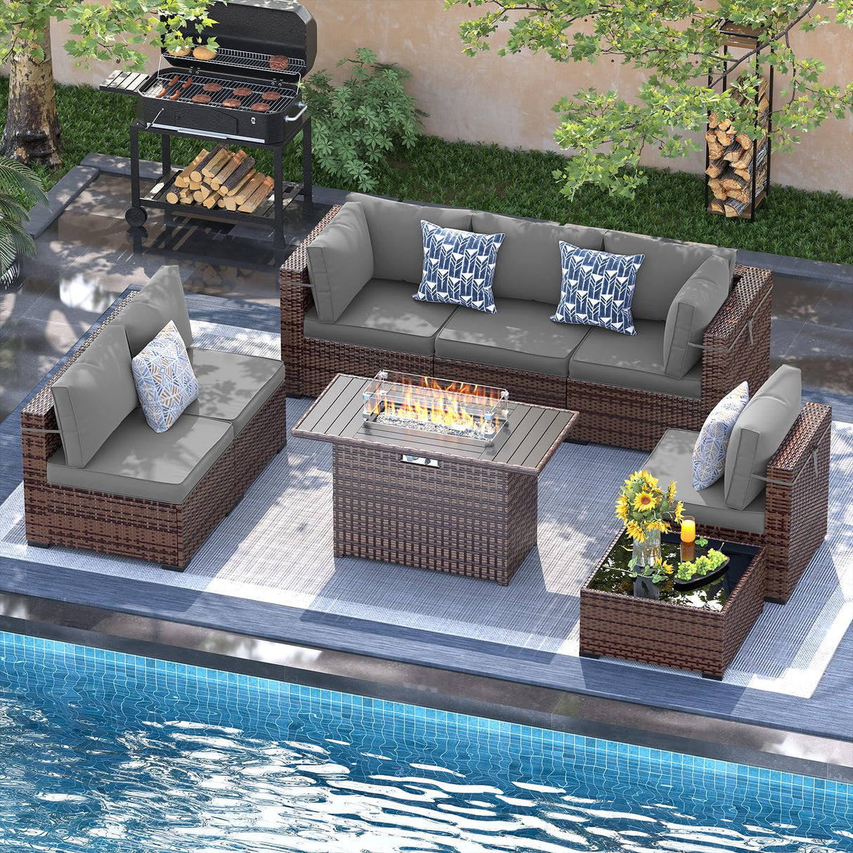 UDPATIO Patio Furniture Set with Fire Pit Table, 8 Piece Outdoor Sectional Modular Sofa, Wicker Outdoor Furniture Conversation Sets with Waterproof Cover for Backyard Deck (Brown/Dark Grey) UDPATIO