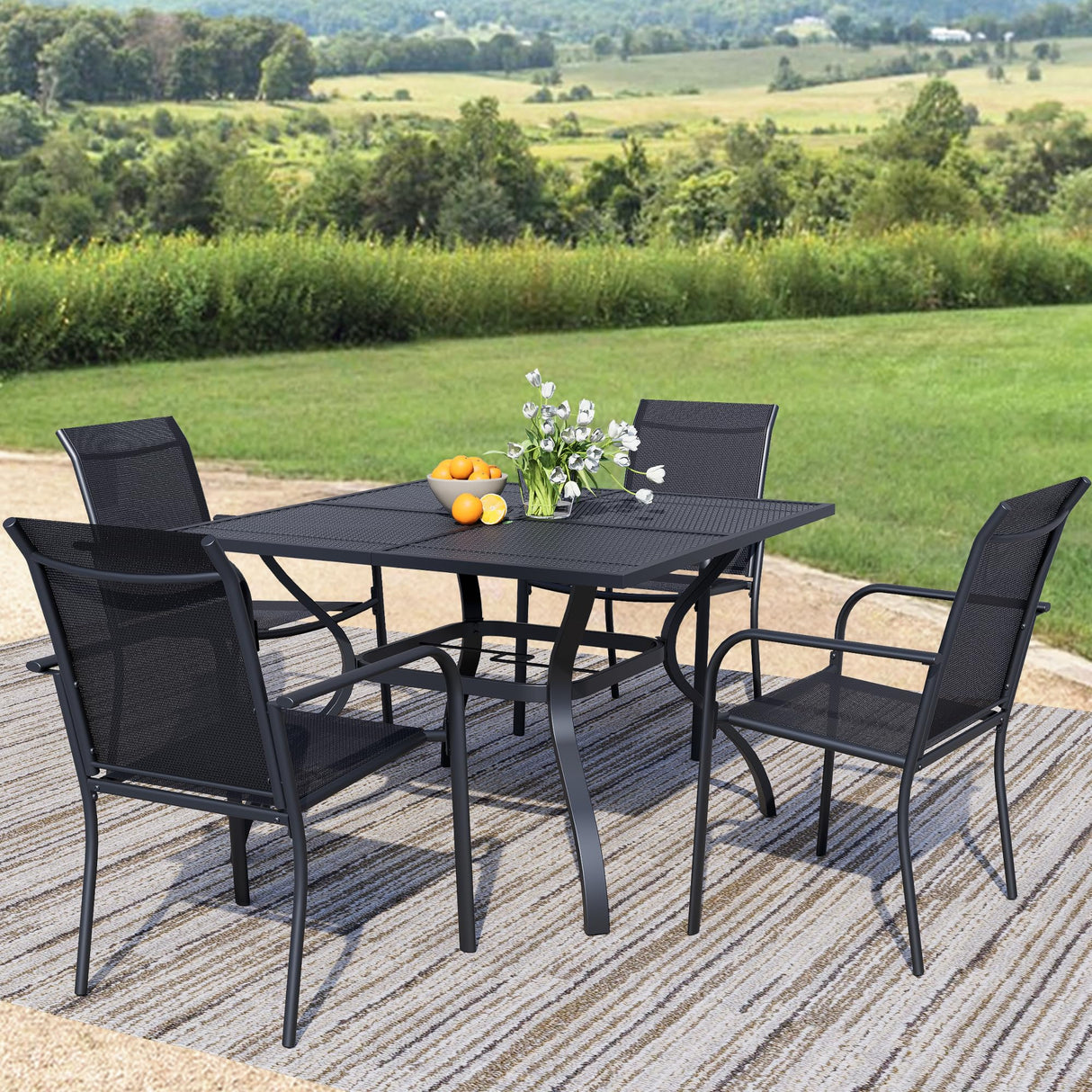 Seekverse 5-Piece Outdoor Dining Set, Square Metal Table with 4 Black Chairs, Black Patio Table with Umbrella Hole for Garden, Yard, Patio Seekverse