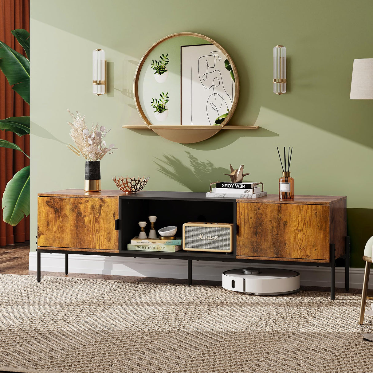 WLIVE Modern TV Stand for 65 Inch TV, Mid Century Entainment Center with Storage, TV Console with Open Shelf and 2 Cabinets for Bedroom and Living Room, TV Cabinet with Metal Legs, Rustic Brown WLIVE