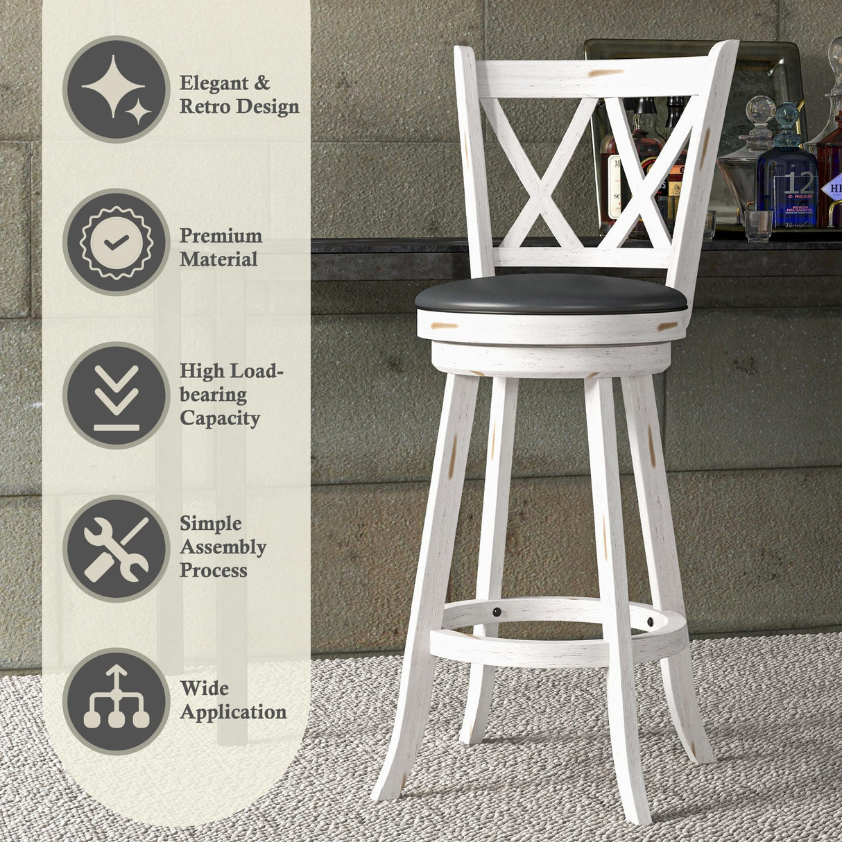 Callales 29" Swivel Bar Stools Set of 2, Swivel Counter Height Stools with Back & Solid Wood Footrest, Wooden Barstools for Kitchen Island, Home Bar, Antique White (Antique White, 29" Bar Height) Callales