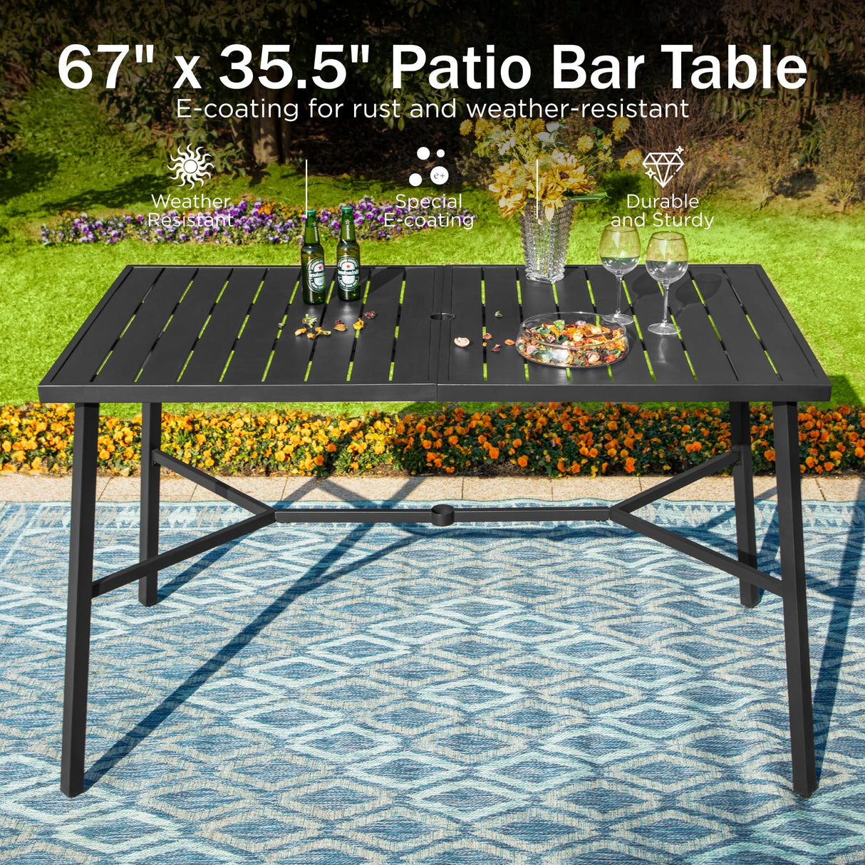 PHI VILLA Outdoor Patio Bar Dining Table for 6, 40" High Top Rectangle Metal Steel Table with 1.97" Umbrella Hole for Garden, Yard and Deck, Black PHI VILLA